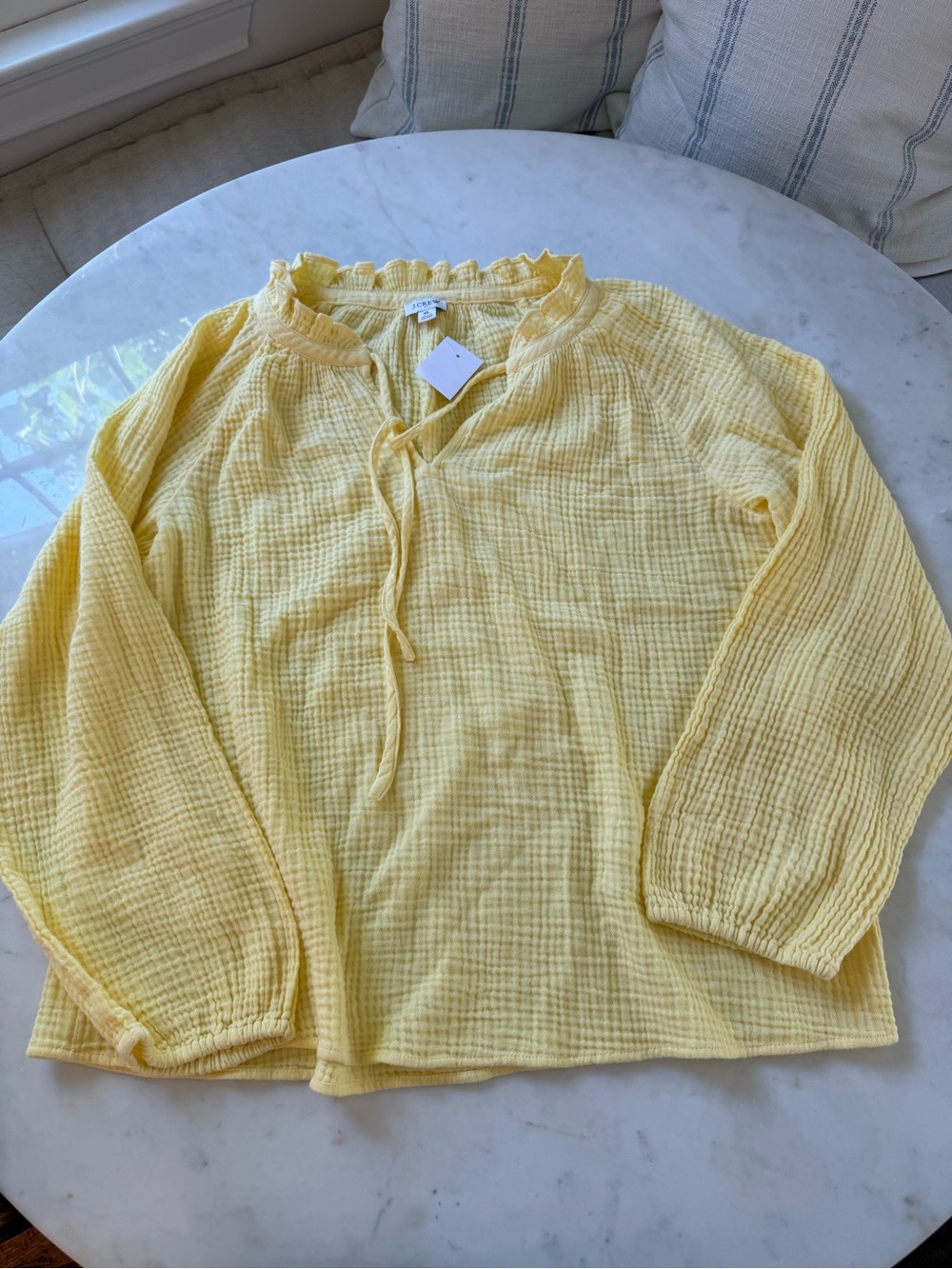 NWT J Crew yellow gauze long sleeved top w/ ruffled collar and ties